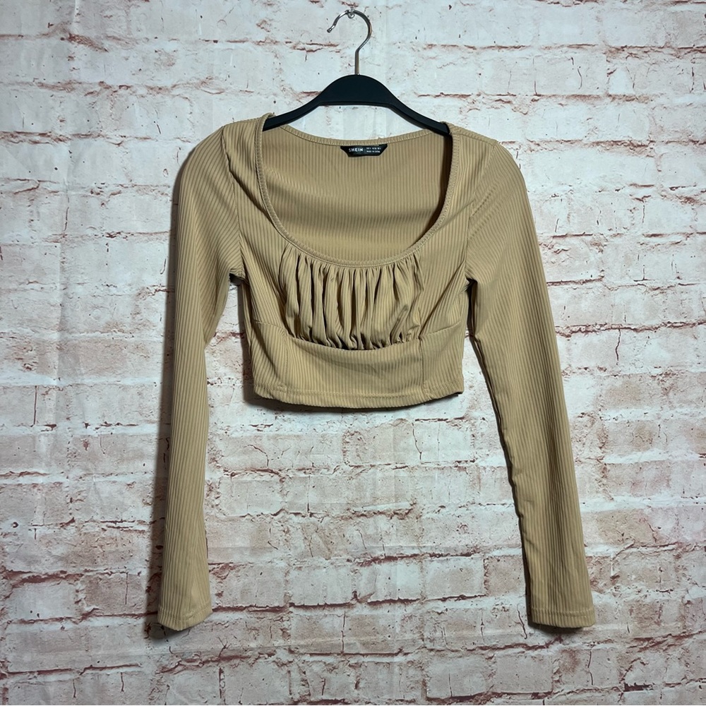 Shein tan long sleeve ribbed cropped top size small